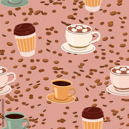Various coffee cups and takeaway mugs with coffee beans on a seamless pink background in flat style. Great for cafe packaging web textiles and seasonal designs