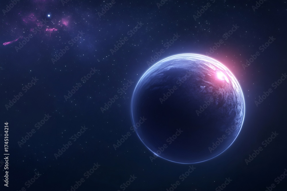 Obraz premium Exoplanet with aurora like glow on its surface, orbiting in the vast universe surrounded by stars and a distant nebula