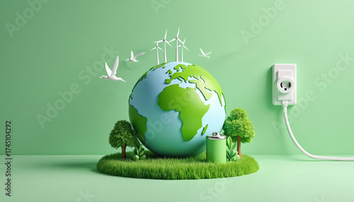 Green globe with wind turbines and battery. Earth connected to power outlet via cable. Nature, eco energy concept. White birds fly around green planet.