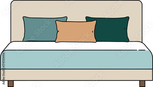 Modern Bed with Pillows - Flat Illustration