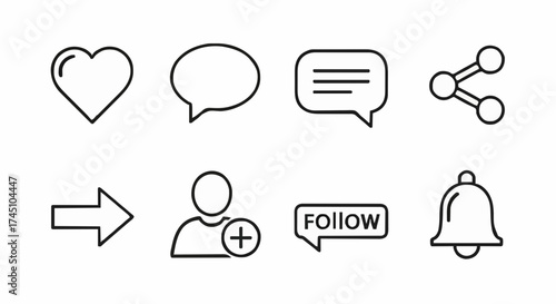 Social Media Engagement Line Icons Heart, Comment, Share, and More