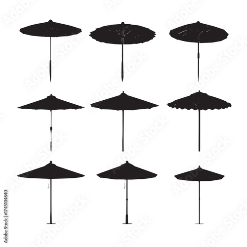 Collection of beach umbrella silhouettes in black and white
