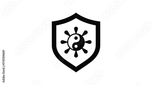 Yin yang symbol inside a shield with sunburst rays