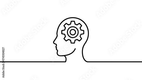Abstract line art of a human head profile with a gear inside representing thinking and ideas