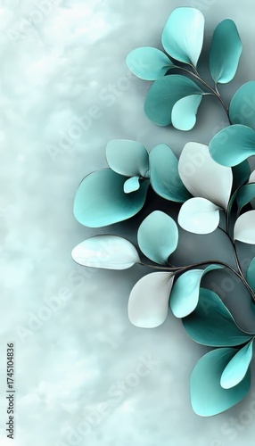 Delicate Abstract Floral Art with Silver Botanicals in Soft Mint Green Tones, Elegant Design