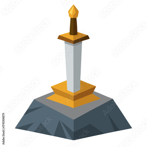 Low-poly sword monument with golden and gray tiers on dark stone base with geometric facets.