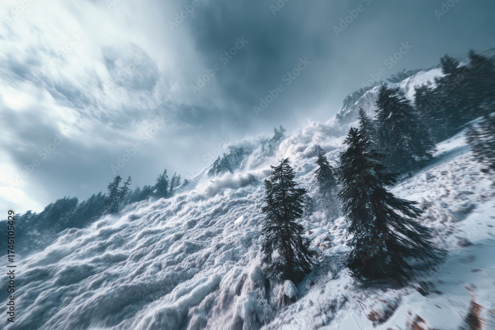 Obraz premium Massive Avalanche Rushing Down Mountain Slope Dramatic Scene