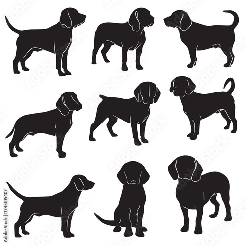 Collection of black and white beagle dog silhouettes