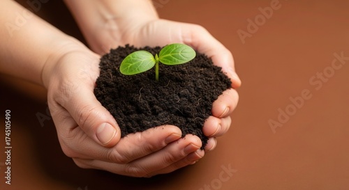 Nurturing new life with care and hope, a young sprout grows from fertile soil held gently in human hands, symbolizing growth, sustainability, and environmental consciousness