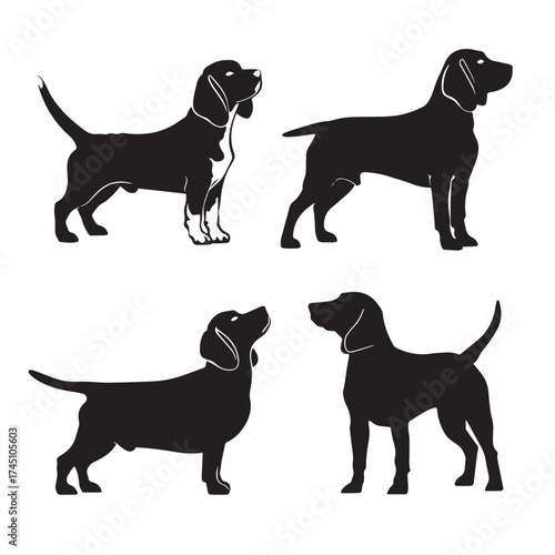 Collection of beagle dog silhouettes in black and white