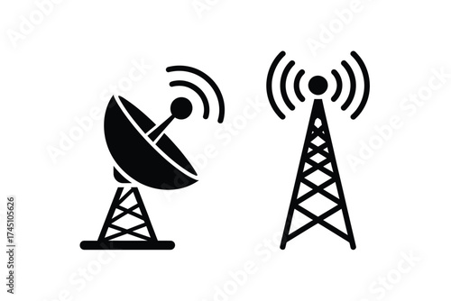 Silhouette icons of a satellite dish and a communication tower broadcasting signals