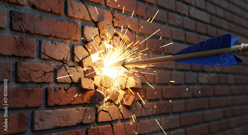 Arrow piercing through a brick wall with sparks flying and blue fletching visible behind