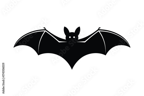 Silhouette of a black bat with outstretched wings and glowing eyes on a white background