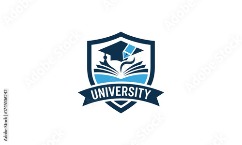 University emblem logo with open book graduation cap and reaching hand symbol