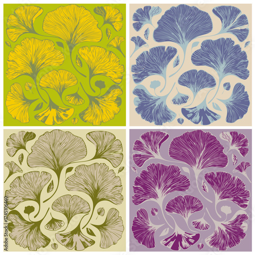 Ensemble de Motifs Feuilles et Feuillages de Ginkgo Mélange Naturel Couleurs Diverses Pastel Illustration Vecteur