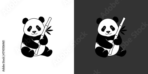 Cartoon panda sitting and holding bamboo, with a contrasting black and white background, playful vibe