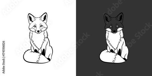 Illustration of a fox sitting gracefully, showcasing its distinct fur patterns and alert expression