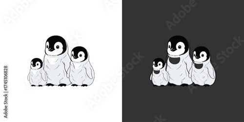 Four adorable penguin chicks huddle together, showcasing their fluffy feathers against a snowy backdrop