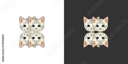 Four playful cat faces with bright blue eyes, beautifully illustrated against contrasting backgrounds