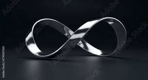 Silver mobius strip on a dark surface representing infinity and endlessness