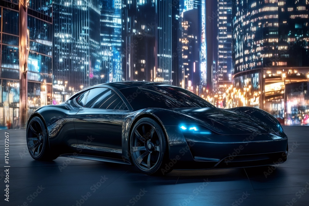 Fototapeta premium Futuristic matte black electric sports car parked in a vibrant night city street with glowing skyscrapers, symbolizing advanced technology
