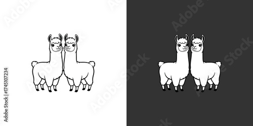 Two cartoon llamas standing side by side, smiling cheerfully against a simple background