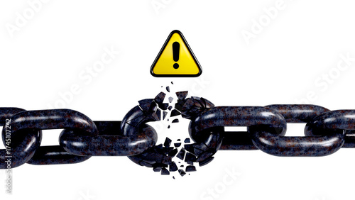 Obraz na plátně 3D rendering of broken chain with exclamation, broken chain link, a weak link in