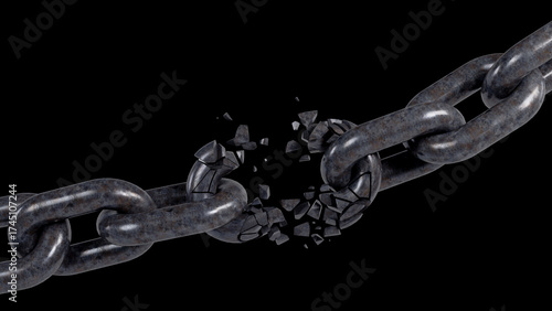 3D rendering of broken iron chain, freedom from restrictions, breaking all chains, Escaping boundaries concept