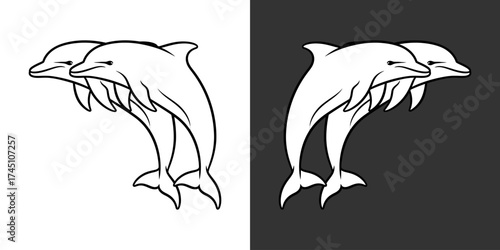 Two stylized dolphins swimming together in a harmonious ocean scene with gentle waves in the background