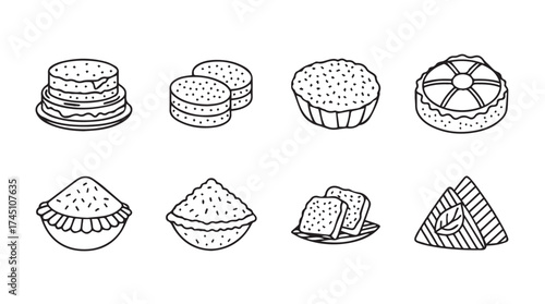 Hand drawn bakery pastries and desserts stacked and arranged collection food icons vector