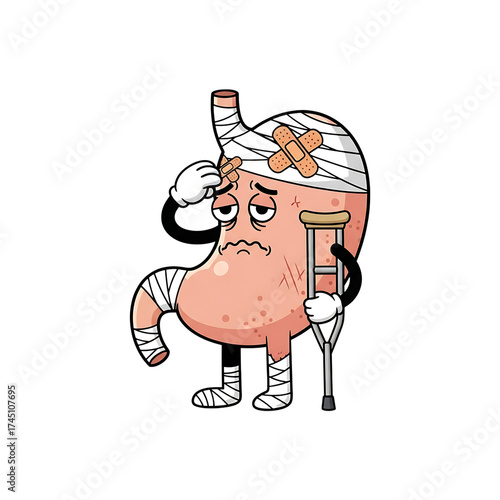 Sad cartoon stomach with bandages and crutches, isolated on transparent background