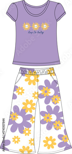 girls t shirt with bell bottom pant flower  all over pattern print illustrations