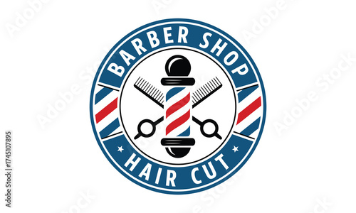 Classic barber shop logo with pole scissors and stripes for hair cutting services