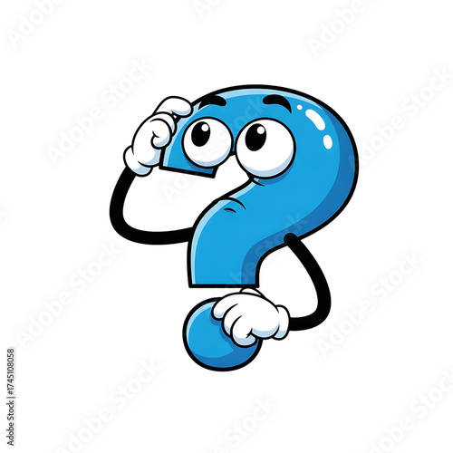 Confused cartoon question mark character scratching head, isolated on transparent background