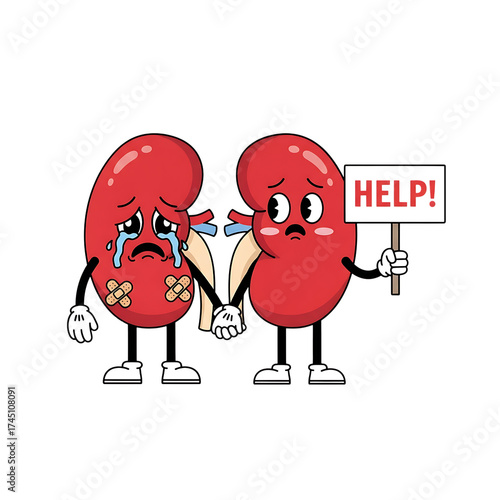 Sad cartoon kidneys holding hands, one crying, one holding help sign, isolated on transparent background