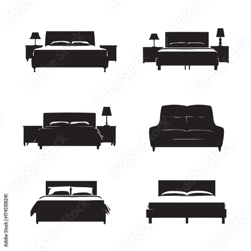 Collection of black and white bed silhouettes