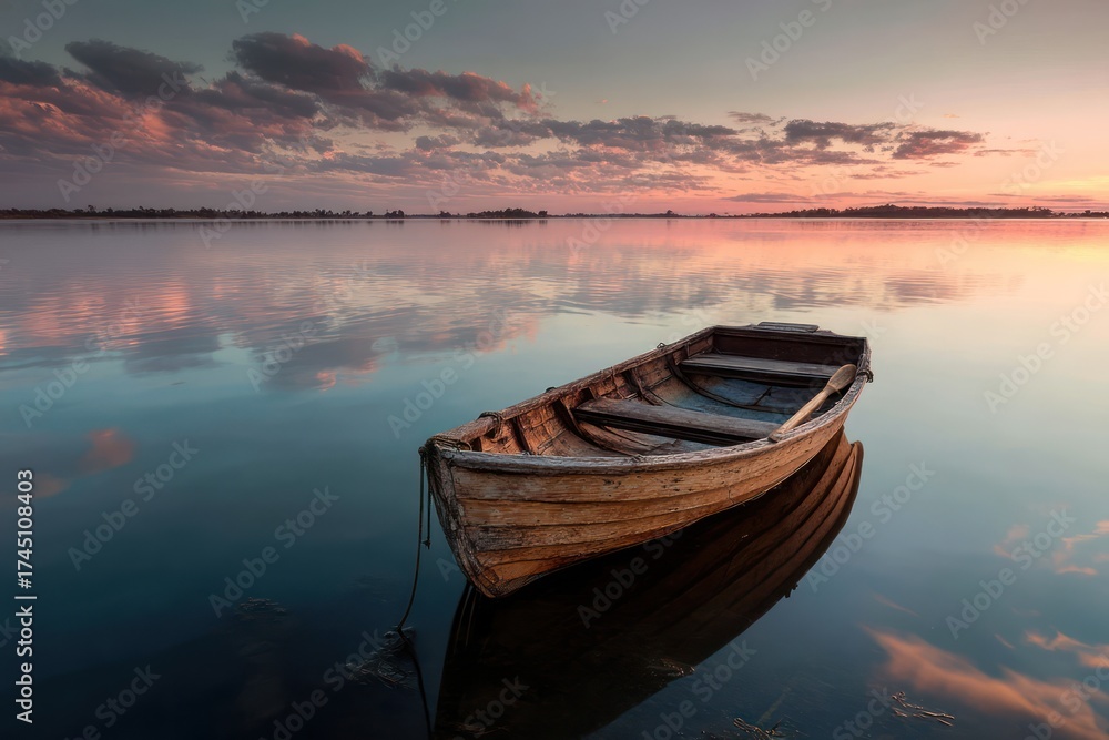 Obraz premium Tranquil Wooden Boat on Calm Water at Sunset