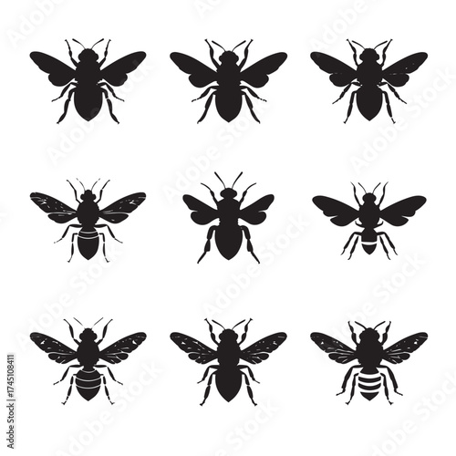Collection of black and white bee silhouettes