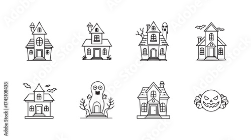 Collection of spooky hand drawn haunted houses and cryptic elements for halloween themed designs vector