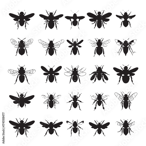Collection of black and white bee silhouettes