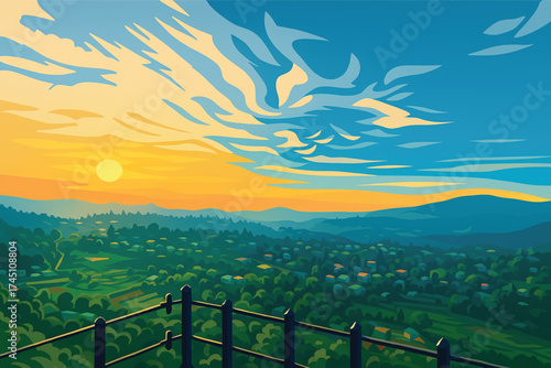Breathtaking Sunrise or Sunset Over Rolling Hills and Village Landscape. Scenic Morning View from Balcony Railing in Vibrant, Stylized Flat Vector Illustration.. Adobe Illustrator Artwork