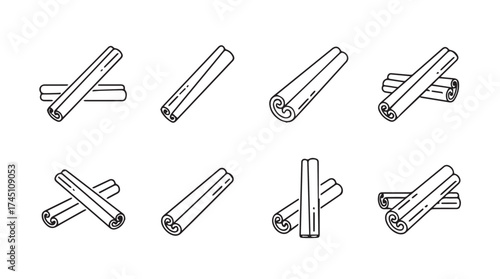 Collection of hand drawn cinnamon stick arrangements isolated for culinary and design projects vector