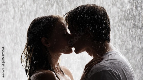 Passionate Kiss in the Rain: A tender moment is shared between a couple as they embrace intimately during a refreshing rain shower. The atmosphere is charged with emotions of love and closeness.