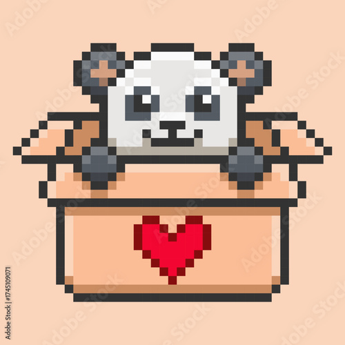 Adorable pixel art of a panda bear peeking out of a cardboard box with a heart symbol. This 8-bit illustration is a perfect symbol for animal conservation, charity, and love for wildlife