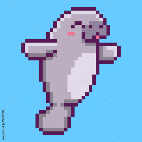 Cute and gentle manatee character designed in a retro pixel art style. This 8-bit illustration of the friendly sea cow is a perfect symbol for marine life, ocean conservation, and wildlife
