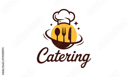 Professional catering logo design with chef hat utensils and sunburst emblem