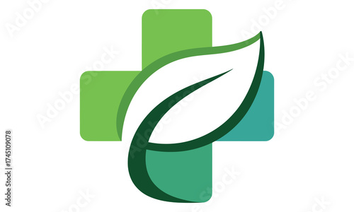 Green herbal cross logo represents natural health wellness and organic pharmacy solutions