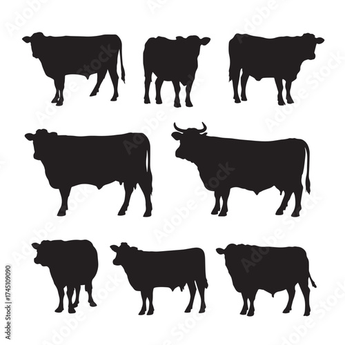 Collection of black and white beef steer silhouettes