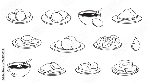 Hand drawn food icons featuring desserts and savory dishes for culinary projects vector