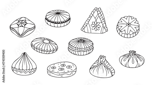Collection of hand drawn desserts and pastries isolated line art delicious treats sketch style vector